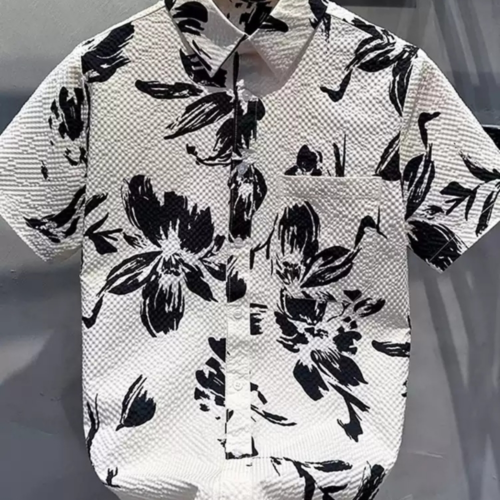 Black Ink Floral Print Textured Shirt